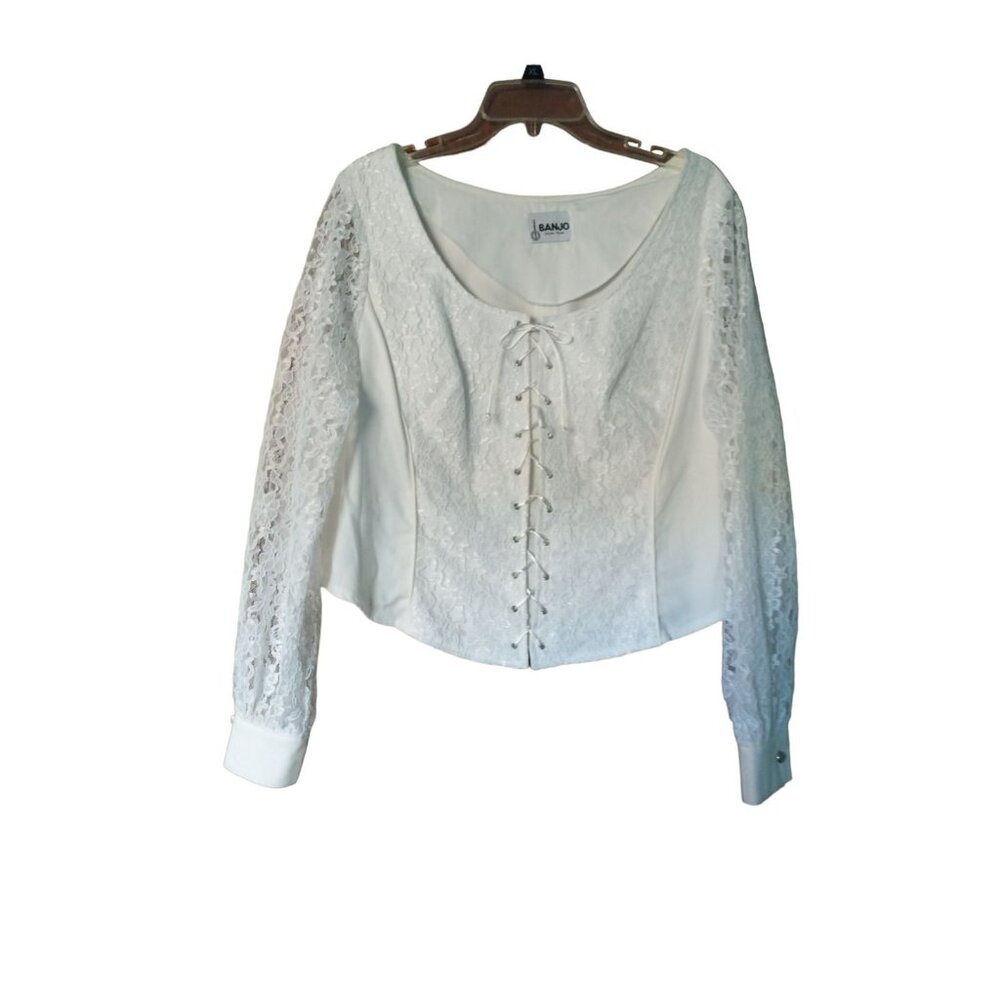 Banjo Western Shirt Top 1990‎ Women's XL White Button Down Lace Sleeve Vintage